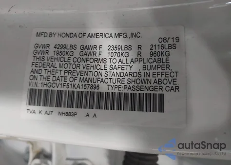 2019 Honda Accord Ex-L from USA, damaged, VIN 1HGCV1F51KA157896